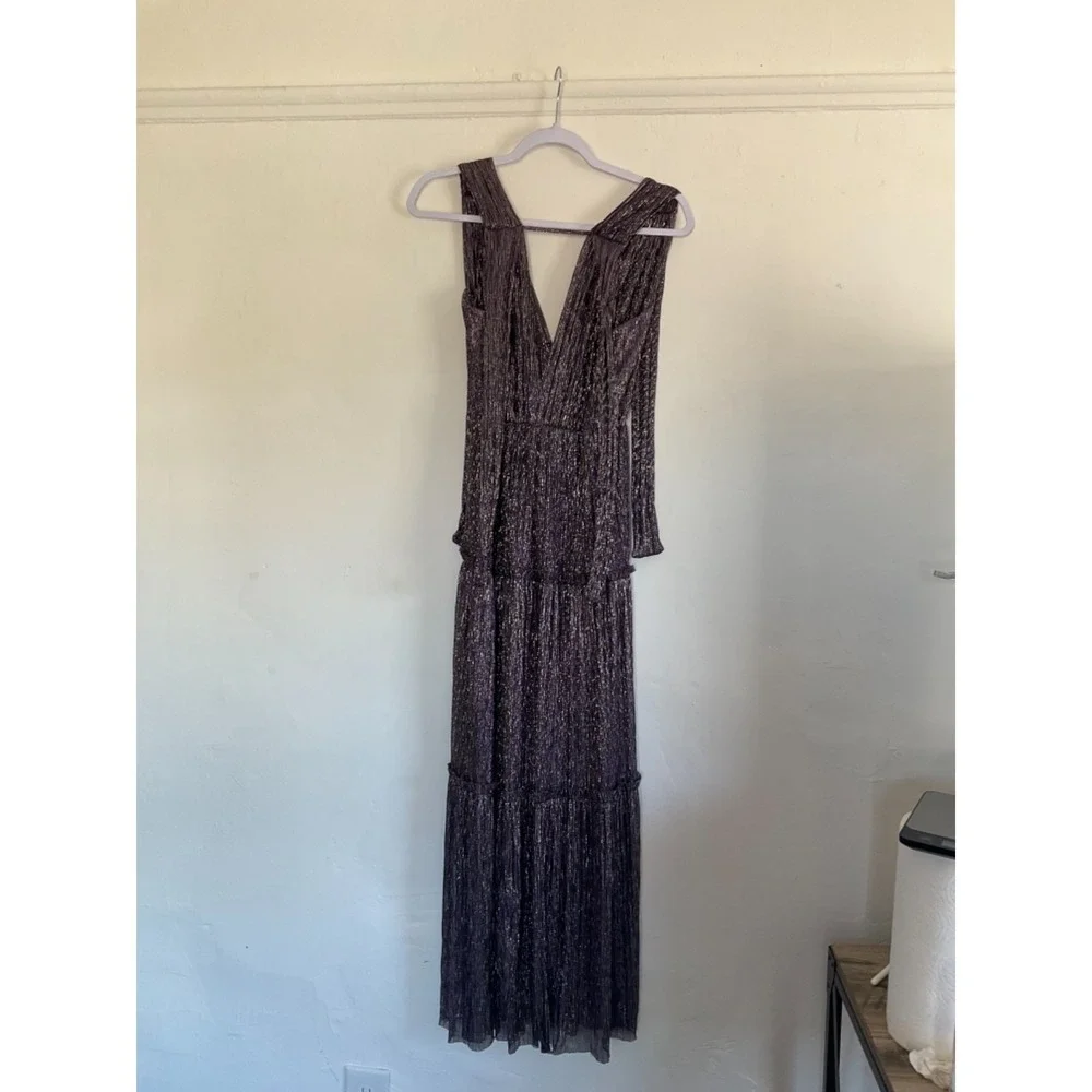 Sabrina Musayev Dress Shimmer Tiered‎ Black Elegant Maxi Metallic Designer Small